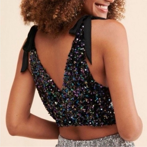 Free People Big Night Sequin Crop Top in Black Size L - Picture 2 of 4